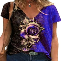 Ženska boemska majica kratkih rukava s printom ruže modni topovi bluza za slobodno vrijeme s izrezom u obliku slova u