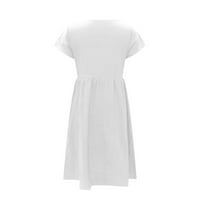 Rasprodaja ljetne haljine; Ženska ležerna pamučna lanena jednobojna Midi haljina s okruglim vratom i kratkim rukavima u bijeloj boji