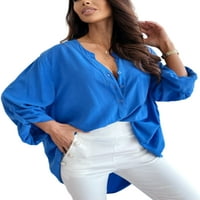 Majica s dugim rukavima, Bluza na kopčanje, uredska elegantna košulja od tunike, široka košulja s kraljevsko plavim dekolteom u obliku