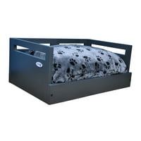 Ikonski drveni krevet za kućne ljubimce u paketima s udobnim jastukom s printom šapa za pse i mačke-crna - velika