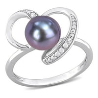 Ženski prsten otvorenog srca u srebrnom srebru od srebra s crnim kultiviranim slatkovodnim biserima i dijamantom