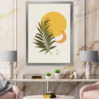 DesignArt 'Sažetak Mjesec i žuto sunce s tropskim listom I' Moderni uokvireni umjetnički tisak