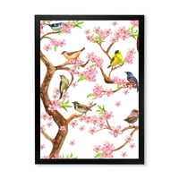 Šarene male ptice na proljetnom cvijeću uokvirena drvena slika umjetnički tisak na platnu