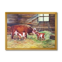 Dizajnerska umjetnost novorođena telad blizanci s kravom na farmi uokvirena umjetnička gravura seoske kuće