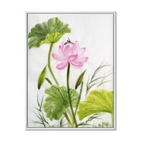 Dizajnerska umjetnost pojedinačni Vintage ružičasti lotosov cvijet sa zelenim lišćem tradicionalni uokvireni zidni otisak na platnu