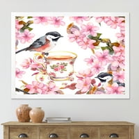 Dizajn umjetnosti ptice iz šalice čaja i ružičasto cvijeće tradicionalni uokvireni umjetnički tisak